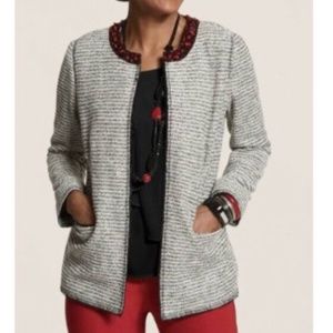 Chico's Embellished Neckline Tweed Jacket Ecru/Black